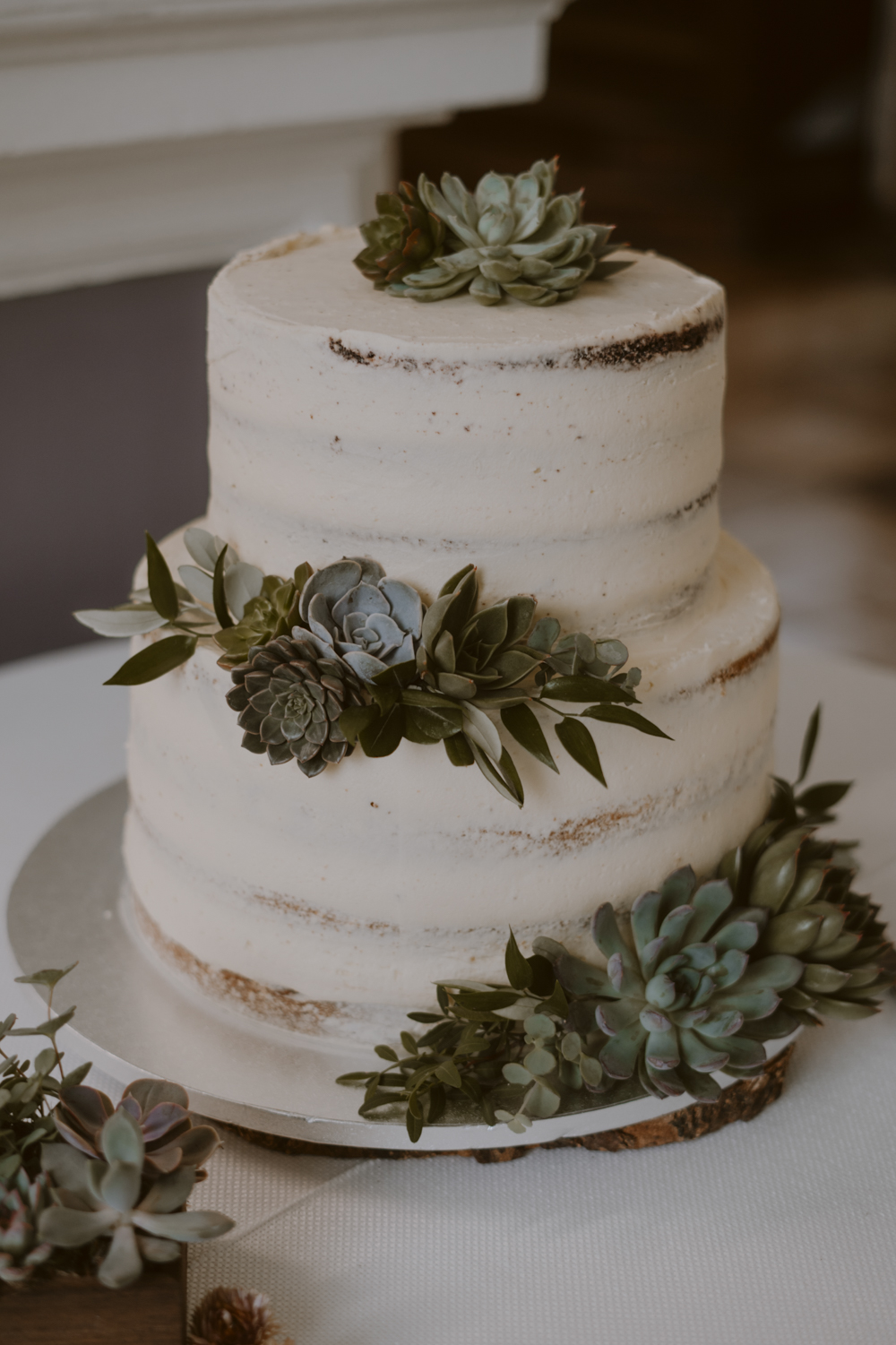 Slindon House Wedding Sasha Weddings 2 Tier Semi Naked Cake Succulents