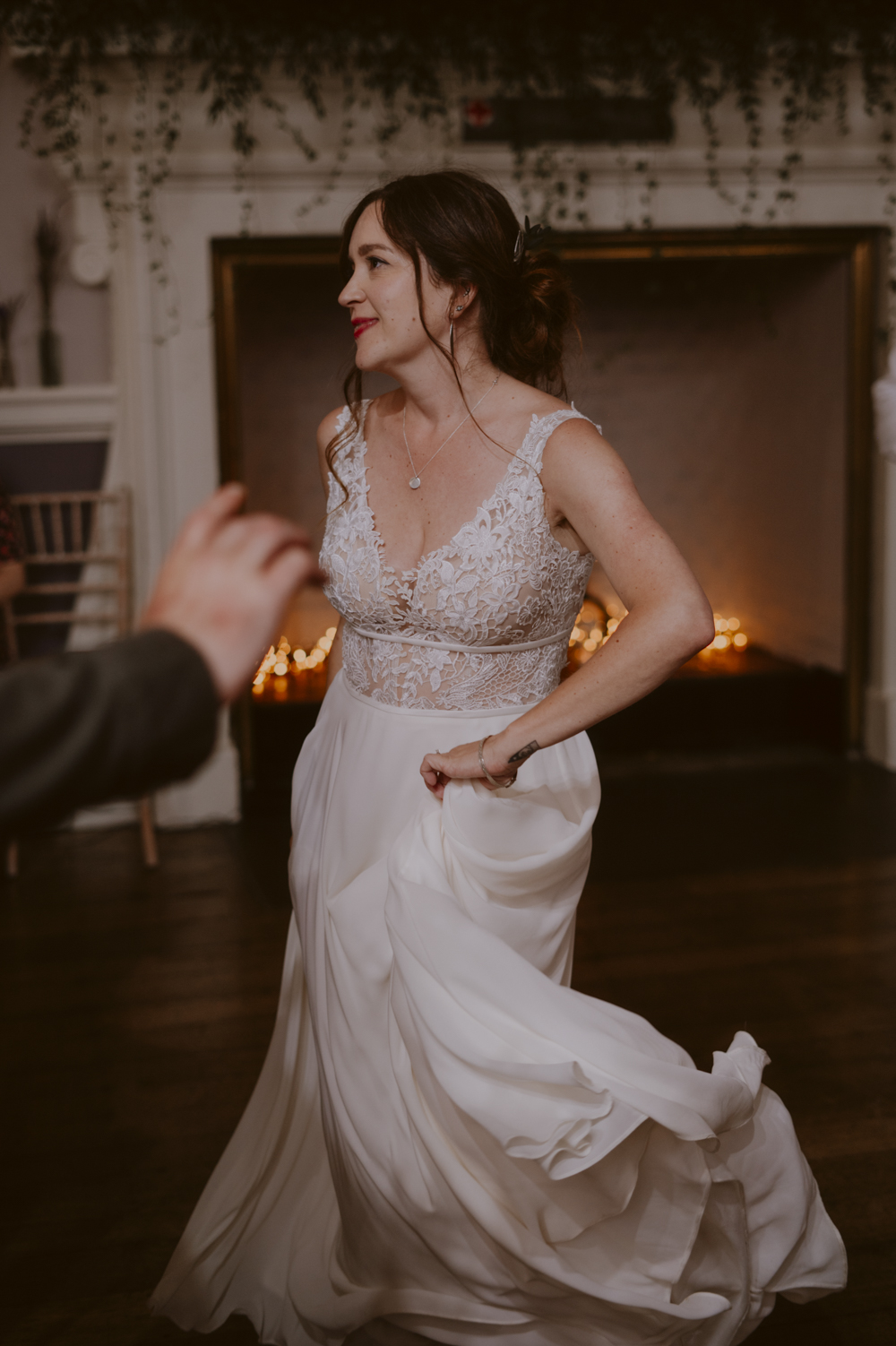 Slindon House Wedding Sasha Weddings Lace Strap Gown Flowing Skirt Bride