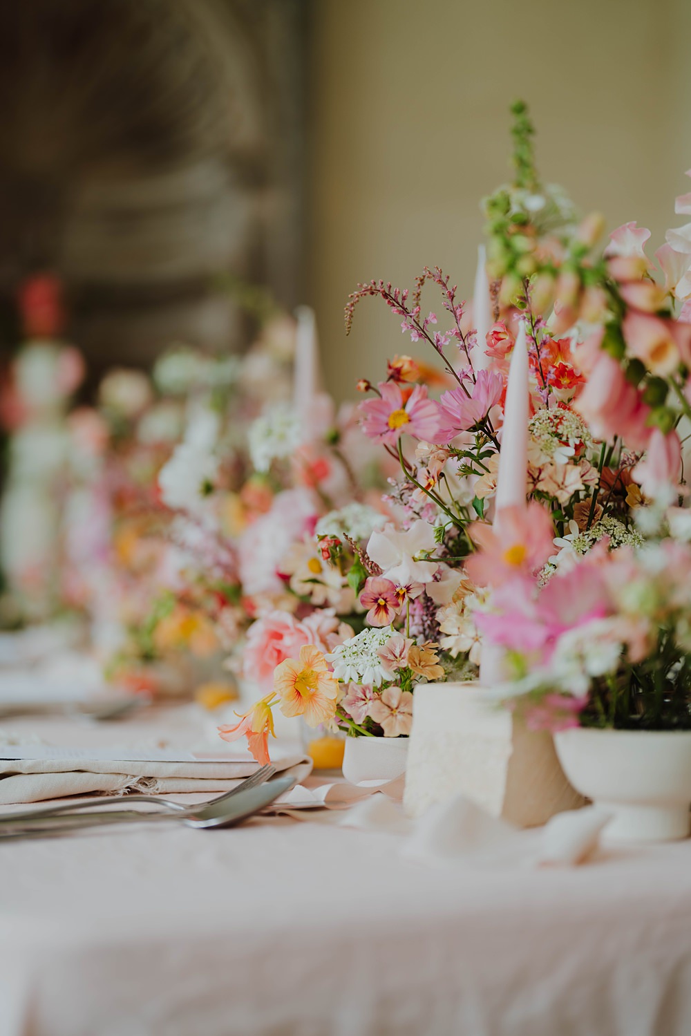 Spring Cotswolds Wedding Ideas Mei Lou Photography Pink Peach Flowers Centrepiece Table Candles