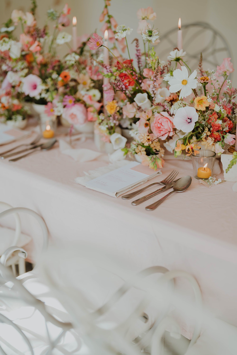 Spring Cotswolds Wedding Ideas Mei Lou Photography Pink Peach Flowers Centrepiece Table Candles