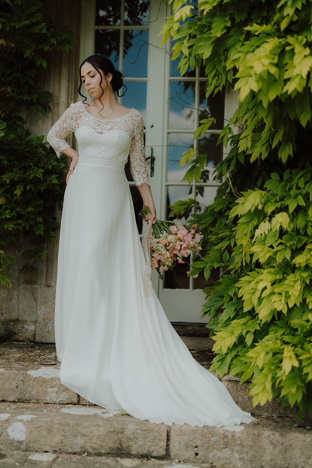 Spring Cotswolds Wedding Ideas Mei Lou Photography Long Lace Sleeve Dress Gown