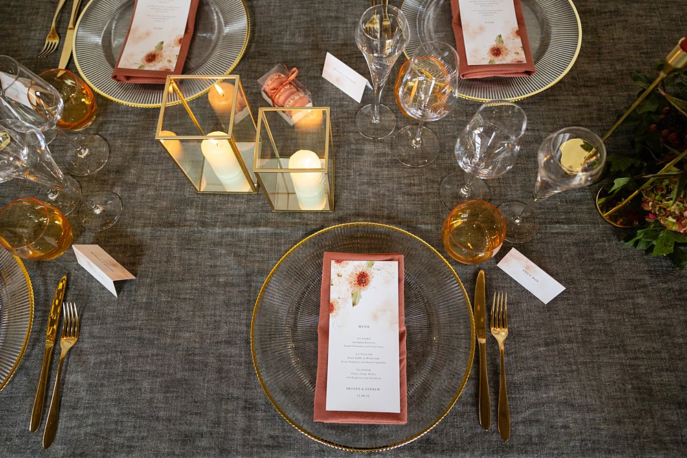 The Courtyard Venue Wedding Ideas Nicki Jones Photography Long Table Grey Cloths Orange Red Candles Flowers Autumn Decor