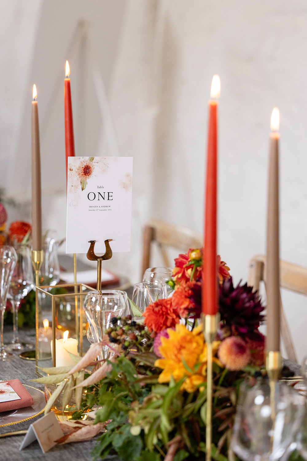 The Courtyard Venue Wedding Ideas Nicki Jones Photography Long Table Grey Cloths Orange Red Candles Flowers Autumn Decor
