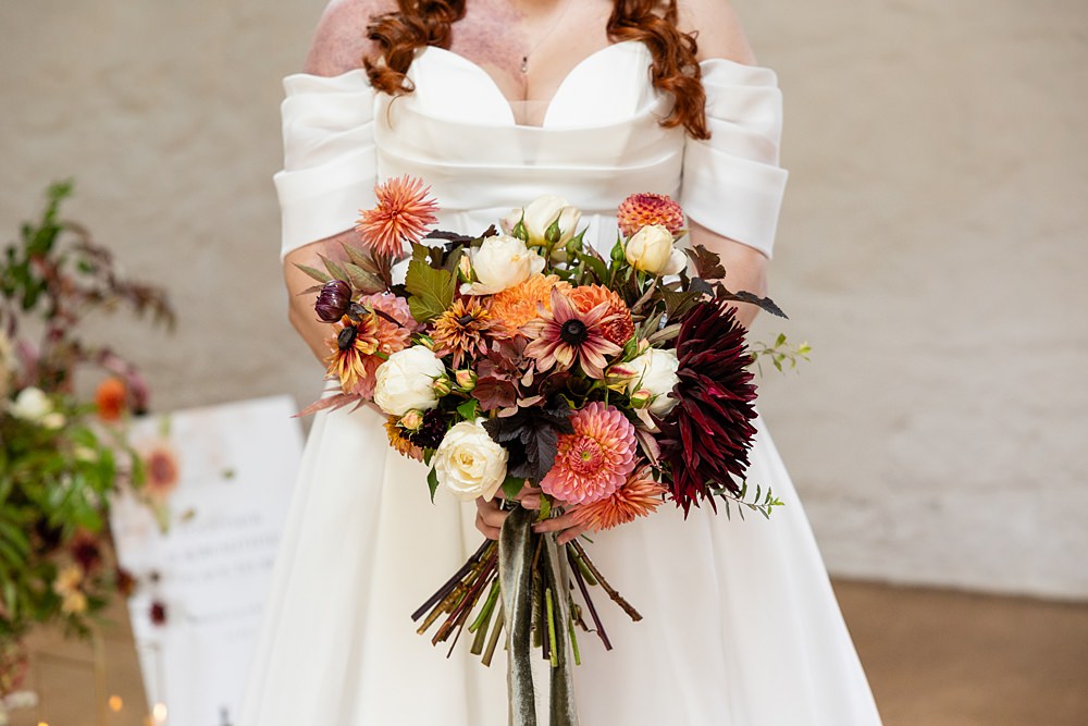 The Courtyard Venue Wedding Ideas Nicki Jones Photography Orange Red Autumn Dahlia Bouquet