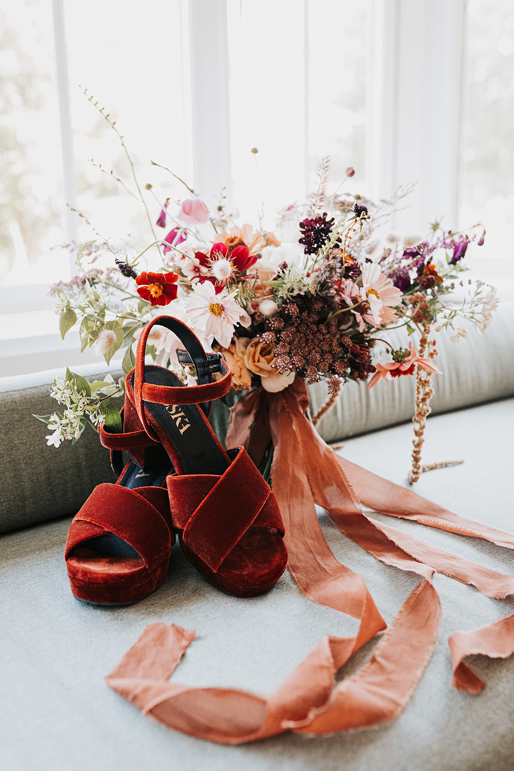 Chidham Barn Wedding Lucy Davis Photography Autumn Bouquet Orange Ribbon