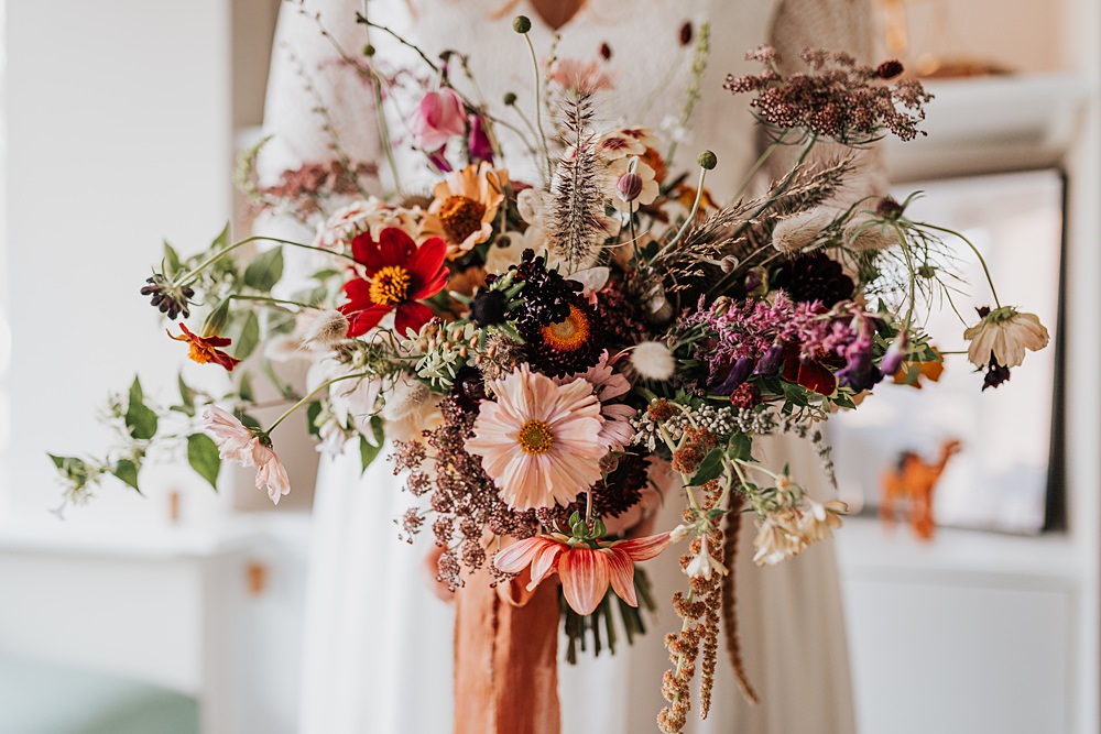 Chidham Barn Wedding Lucy Davis Photography Autumn Bouquet Orange Ribbon