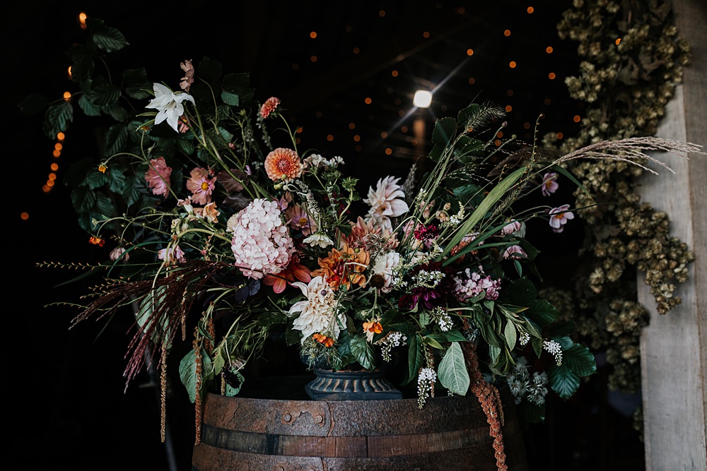 Chidham Barn Wedding Lucy Davis Photography Autumn Flowers Wooden Barrel