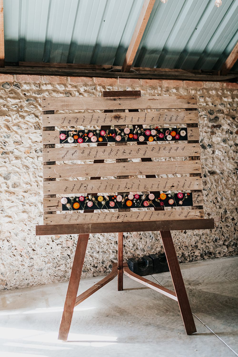 Chidham Barn Wedding Lucy Davis Photography Dried Flower Wooden Pallet Table Plan