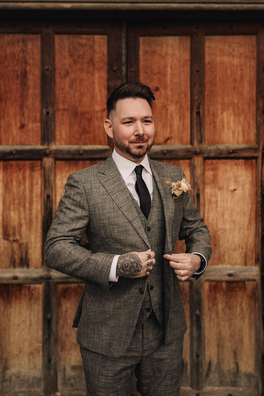 Disco Boho Wedding The Chamberlins Groom Suit Grey Black Tie