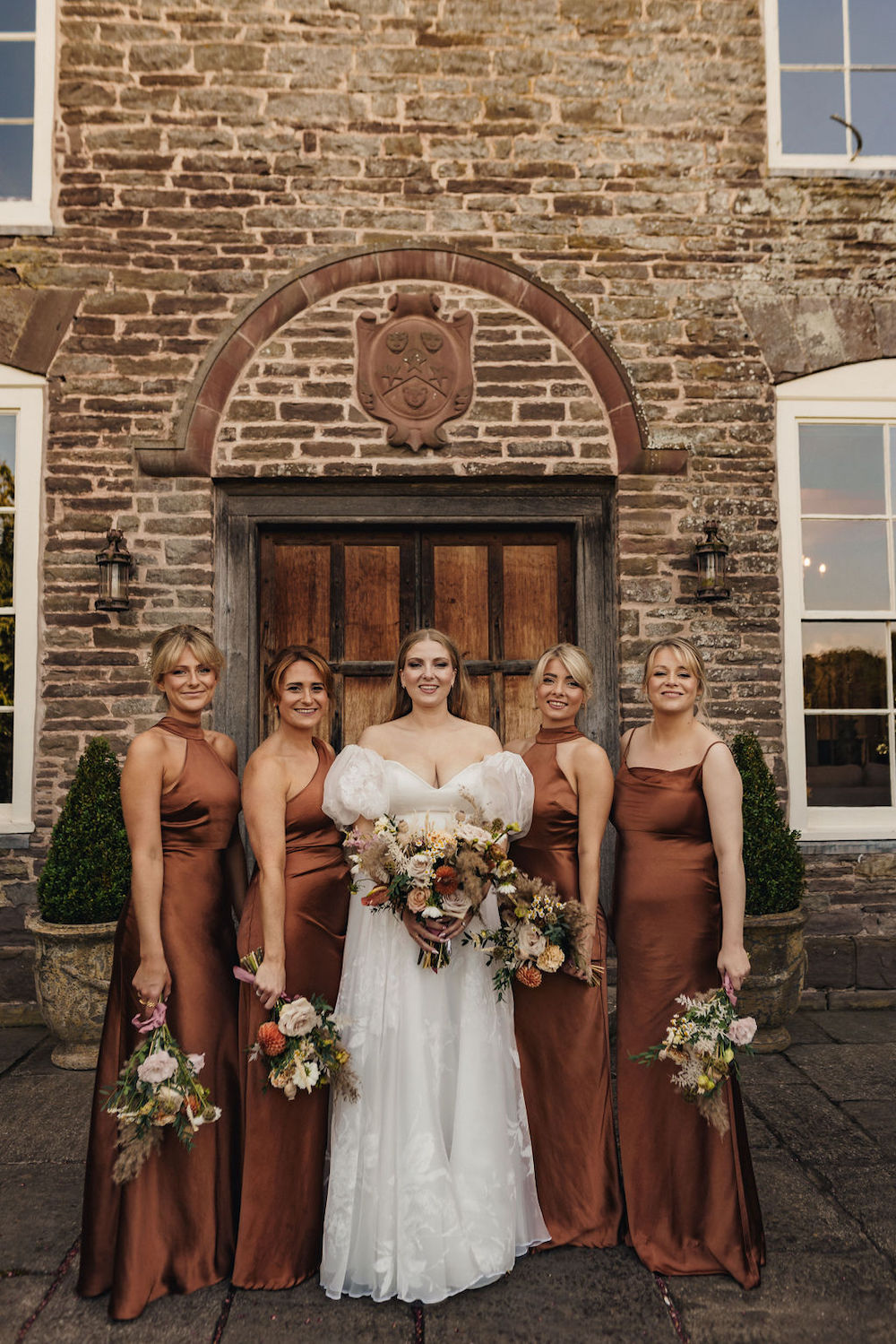 Disco Boho Wedding The Chamberlins Rust Brown Long Bridesmaid Dresses