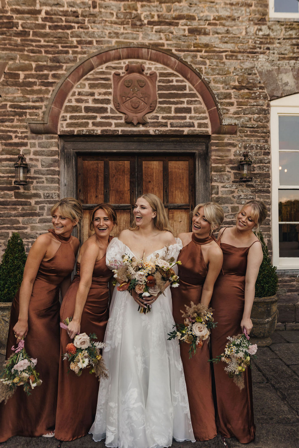 Disco Boho Wedding The Chamberlins Rust Brown Long Bridesmaid Dresses