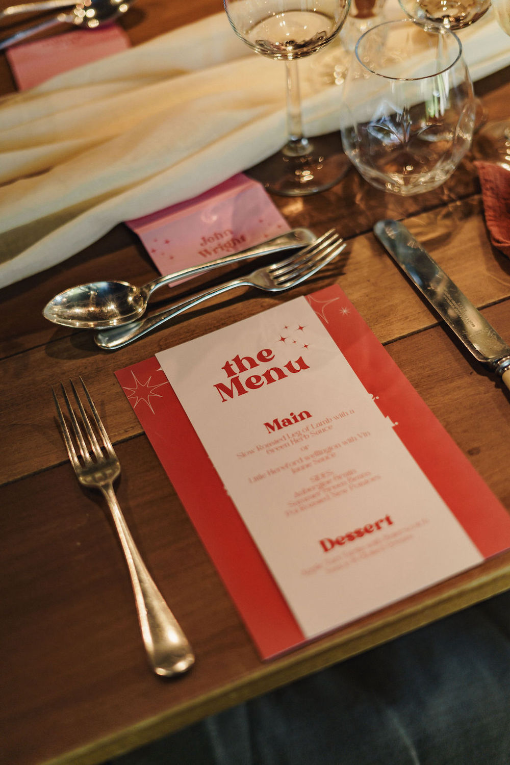 Disco Boho Wedding The Chamberlins Menu Card Stars Red Pink