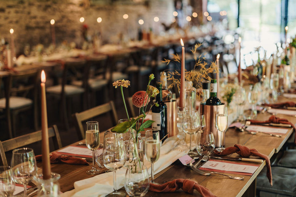 Disco Boho Wedding The Chamberlins Table Decor Runner Flowers Napkins Rust Wood
