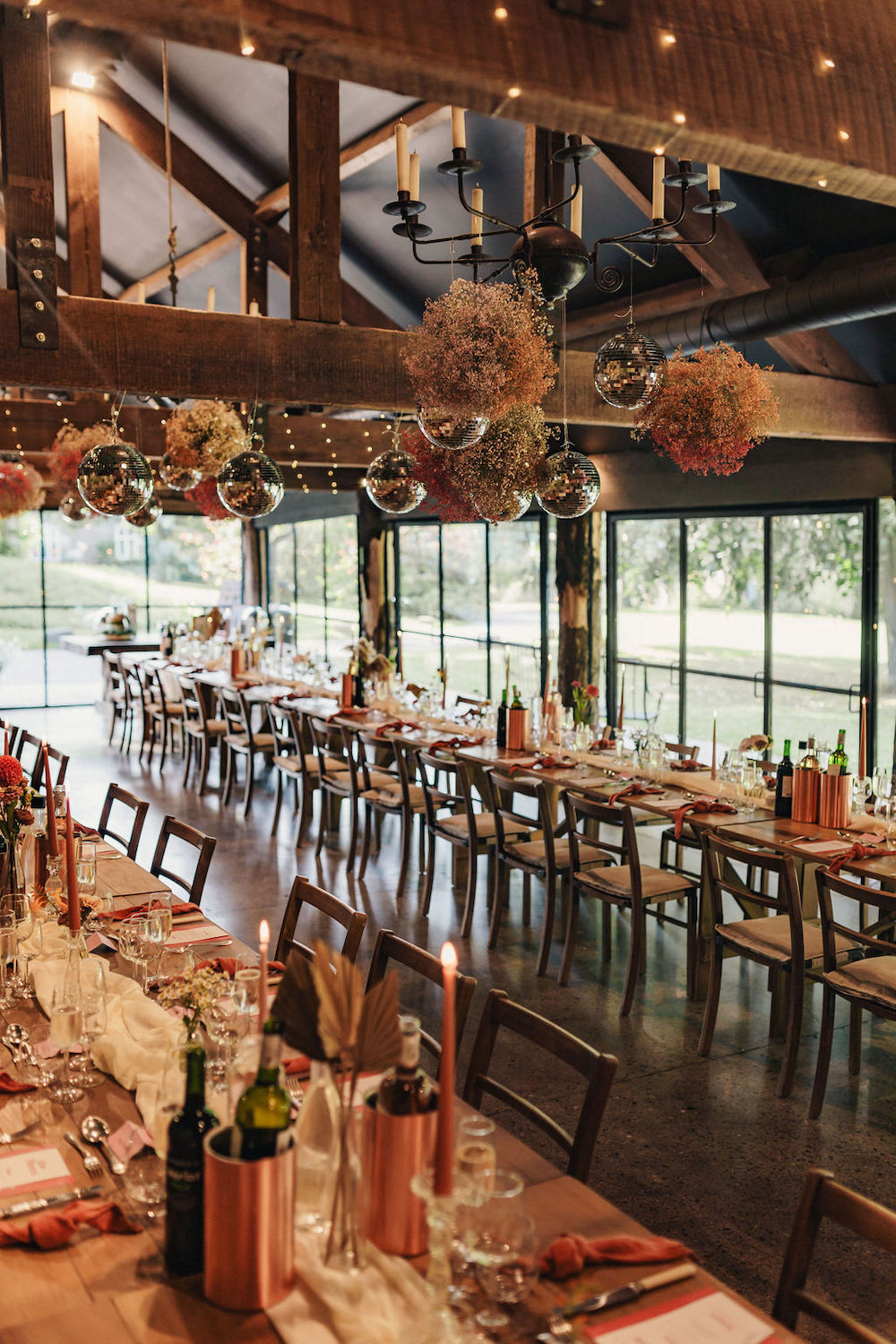Disco Boho Wedding The Chamberlins Gypsophila Cloud Disco Ball Barn Decor