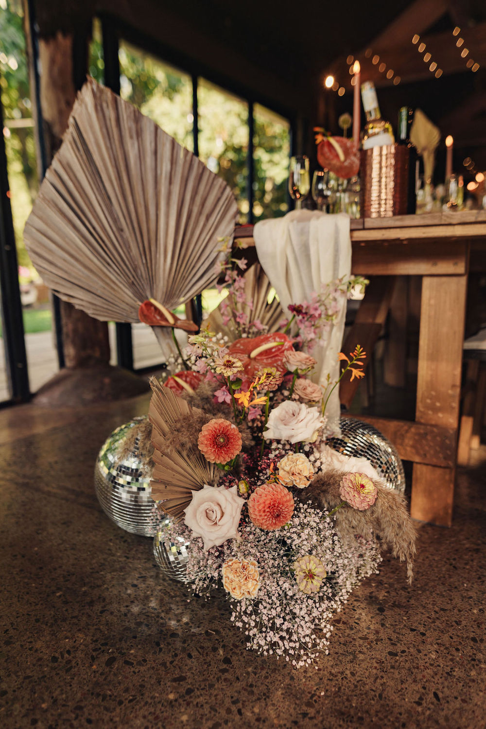 Disco Boho Wedding The Chamberlins Floor Flowers Table End Disco Ball