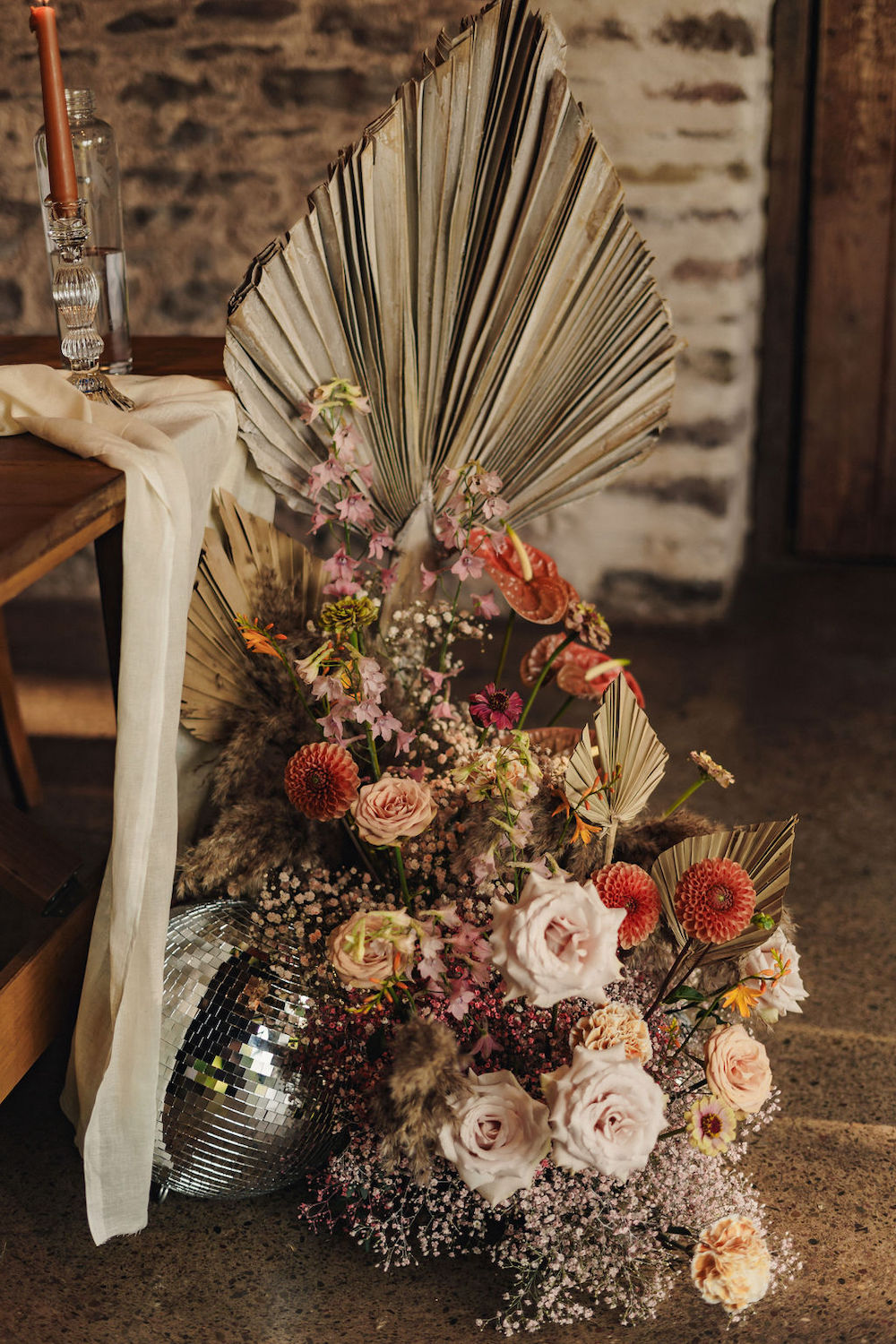 Disco Boho Wedding The Chamberlins Floor Flowers Table End Disco Ball