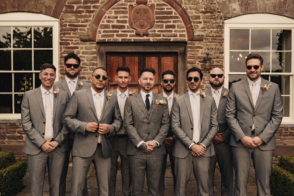 Disco Boho Wedding The Chamberlins Groom Groomsmen Grey Suits