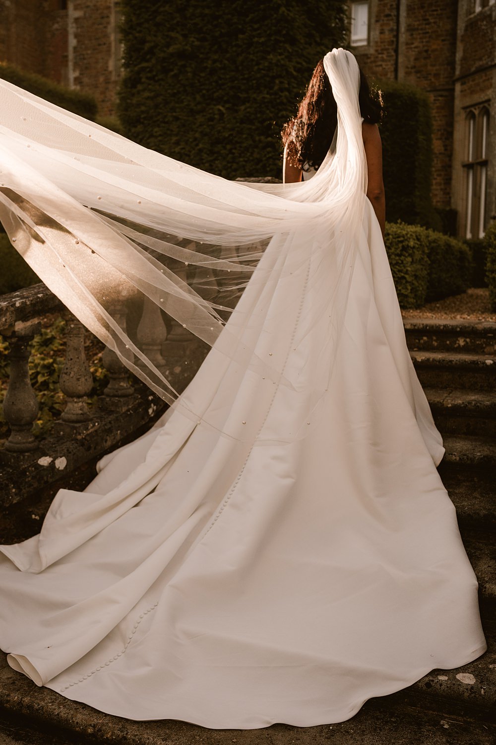 Fawsley Hall Wedding Sky Photography Dress Bride Straps Train Veil