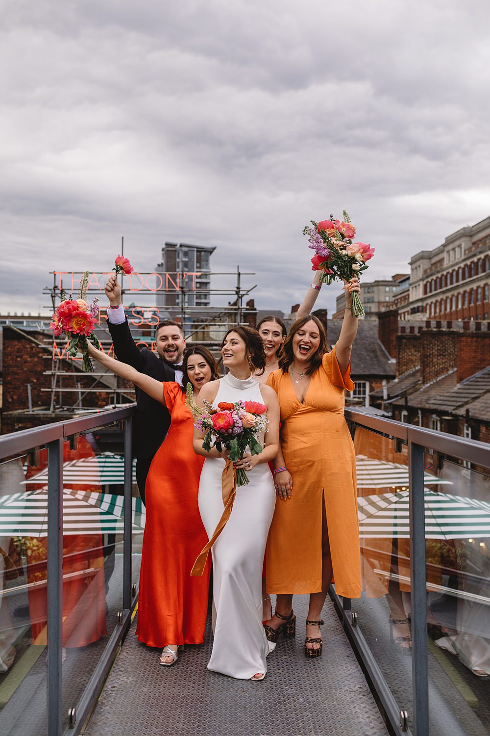 Headrow House Wedding Louise Barry Photographer Red Orange Pink Bridesmaid Dresses Mismatched Bridesman