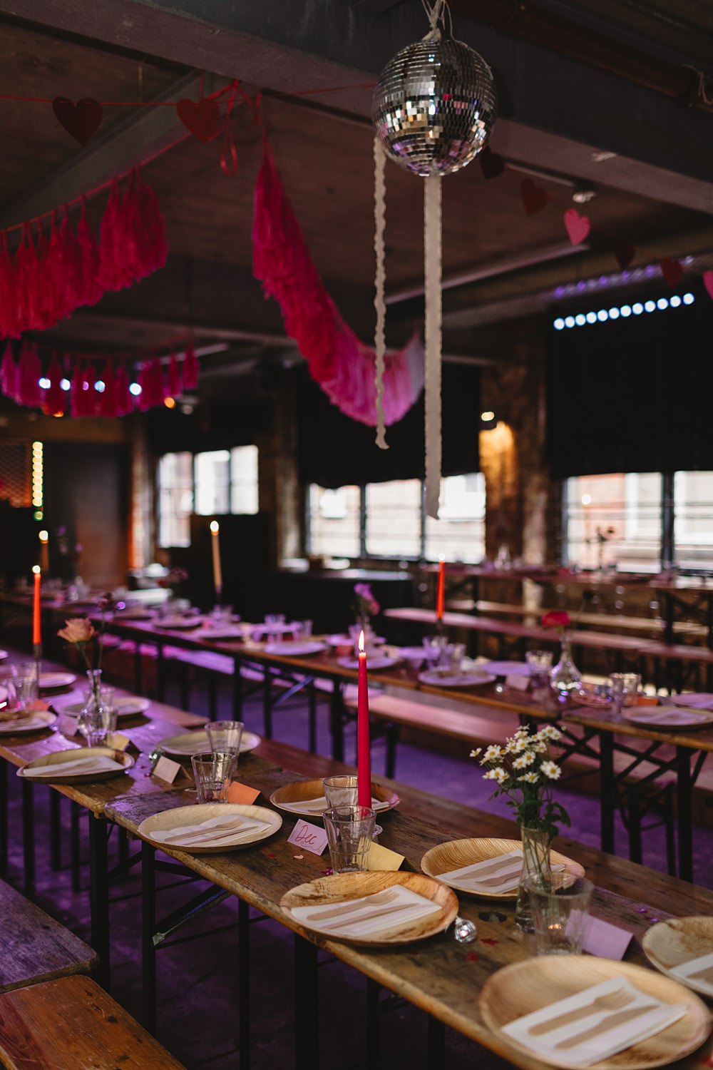 Headrow House Wedding Louise Barry Photographer Pink Red Streamer Decor Reception