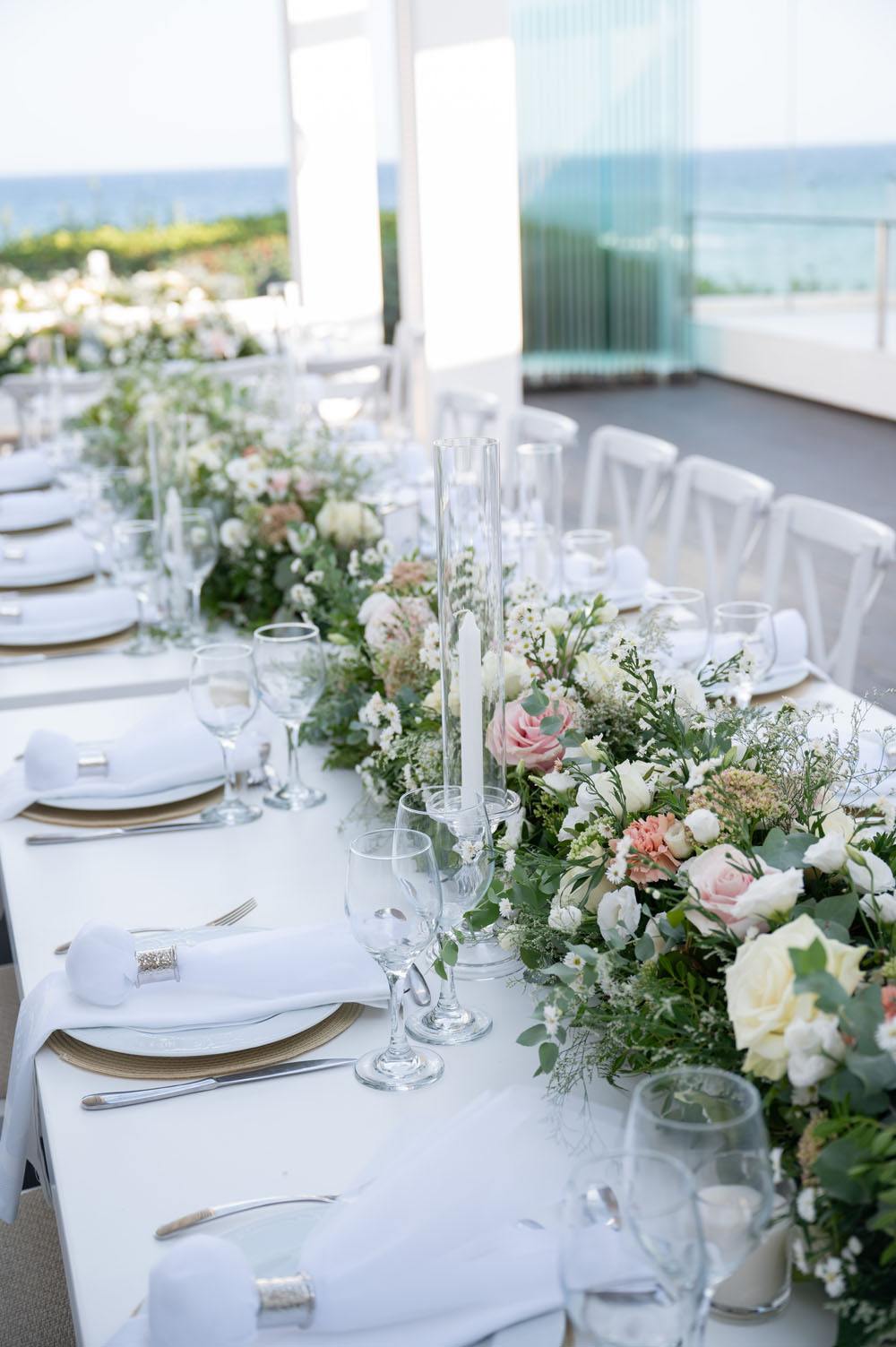 Sea Soul Wedding Moments To Keep Photography Long Tables White Cloths Candles Greenery Pink Flower Runner