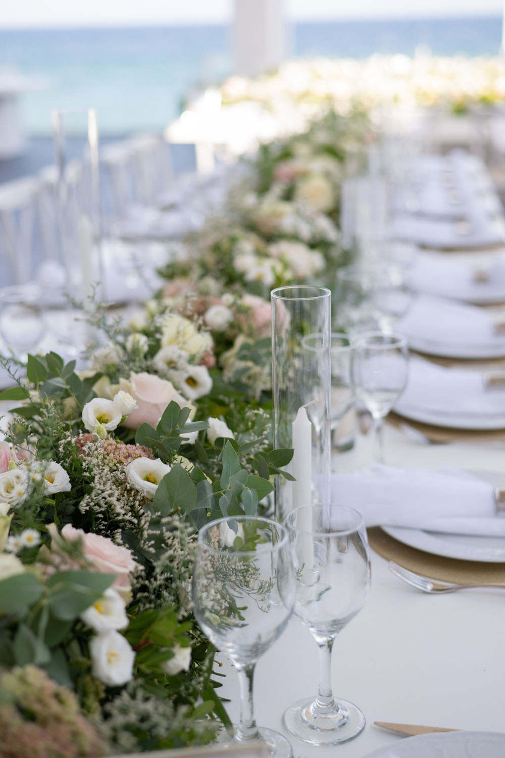 Sea Soul Wedding Moments To Keep Photography Long Tables White Cloths Candles Greenery Pink Flower Runner