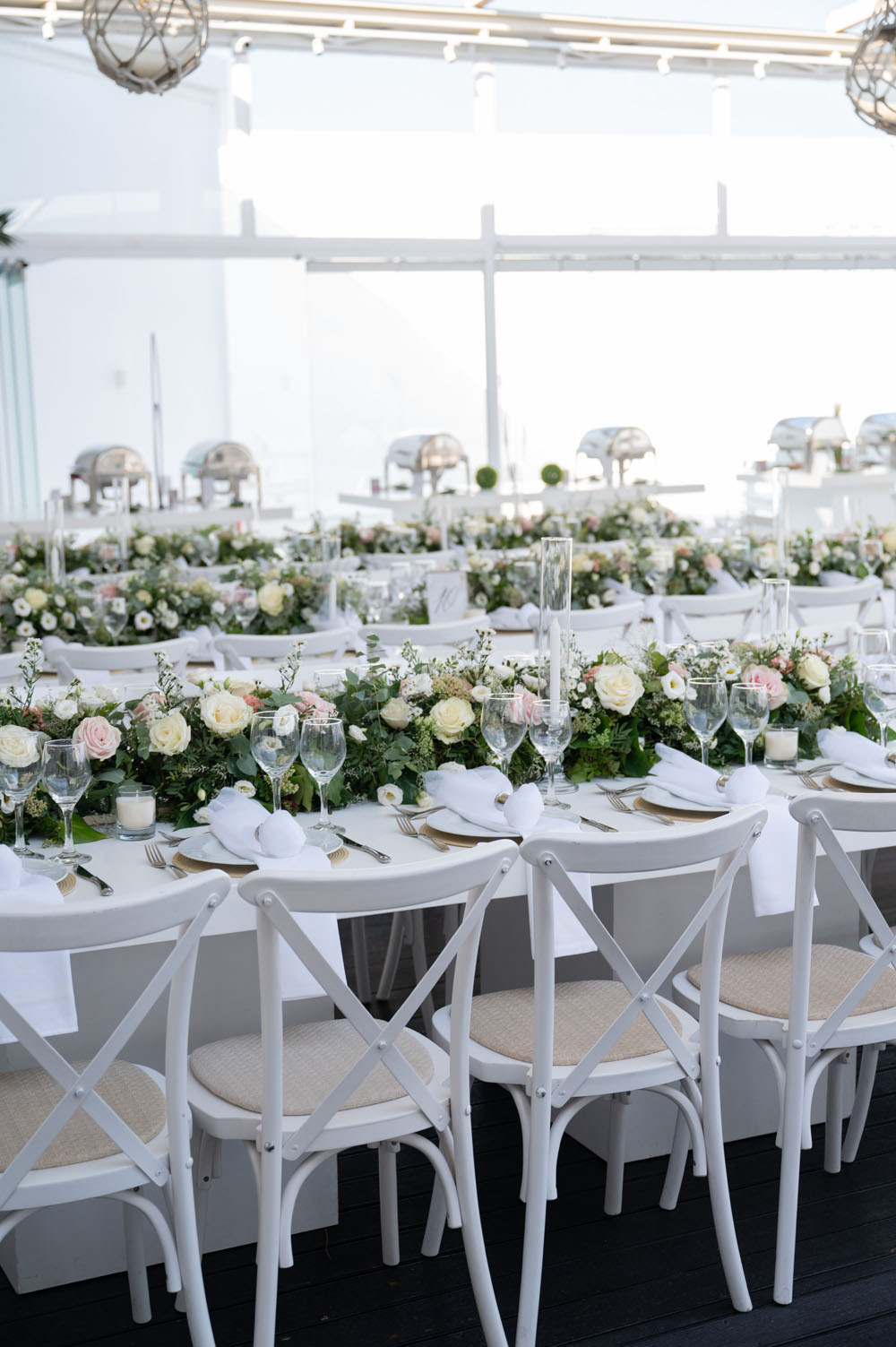Sea Soul Wedding Moments To Keep Photography Long Tables White Cloths Candles Greenery Pink Flower Runner