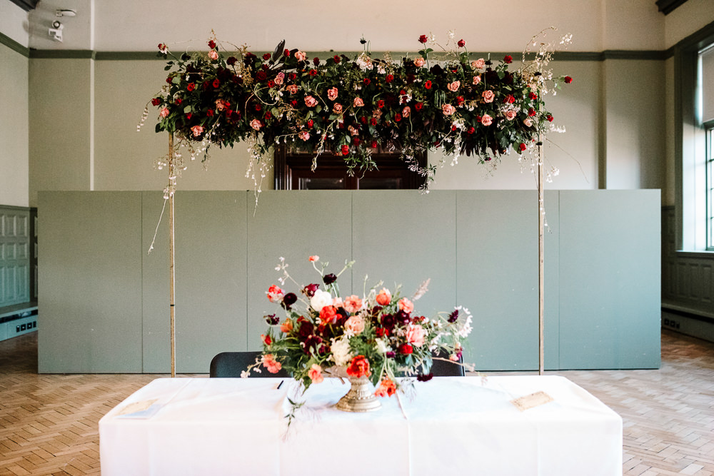 Whitworth Art Gallery Wedding Amy Faith Photography Ceremony Table Flowers Red Pink