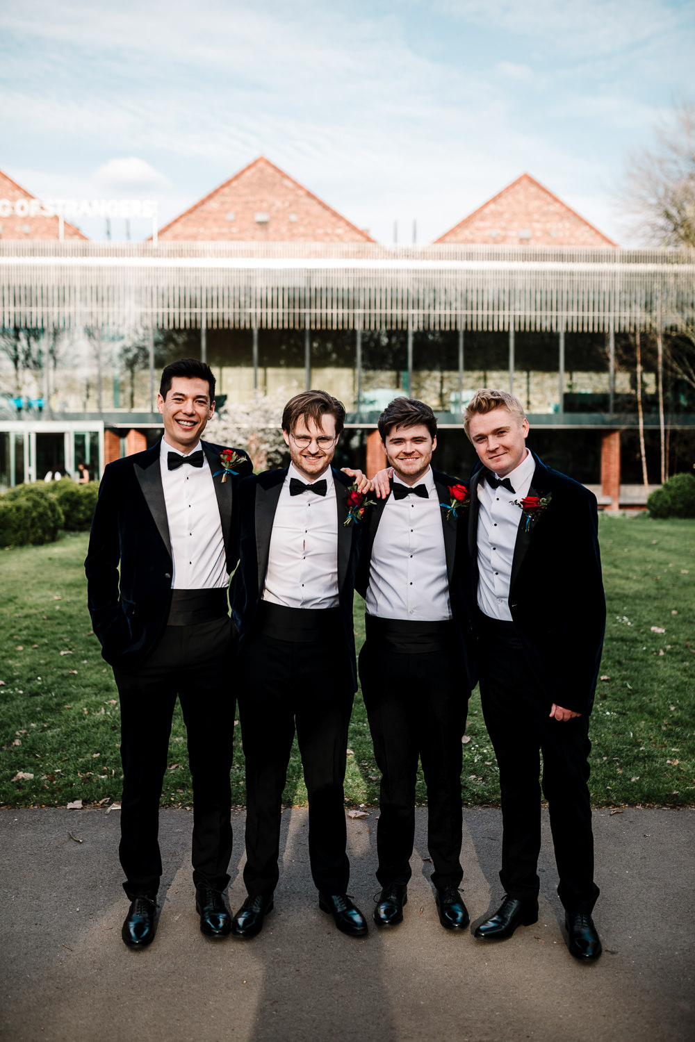 Whitworth Art Gallery Wedding Amy Faith Photography Groom Groomsmen Navy Velvet Suits Tuxedos