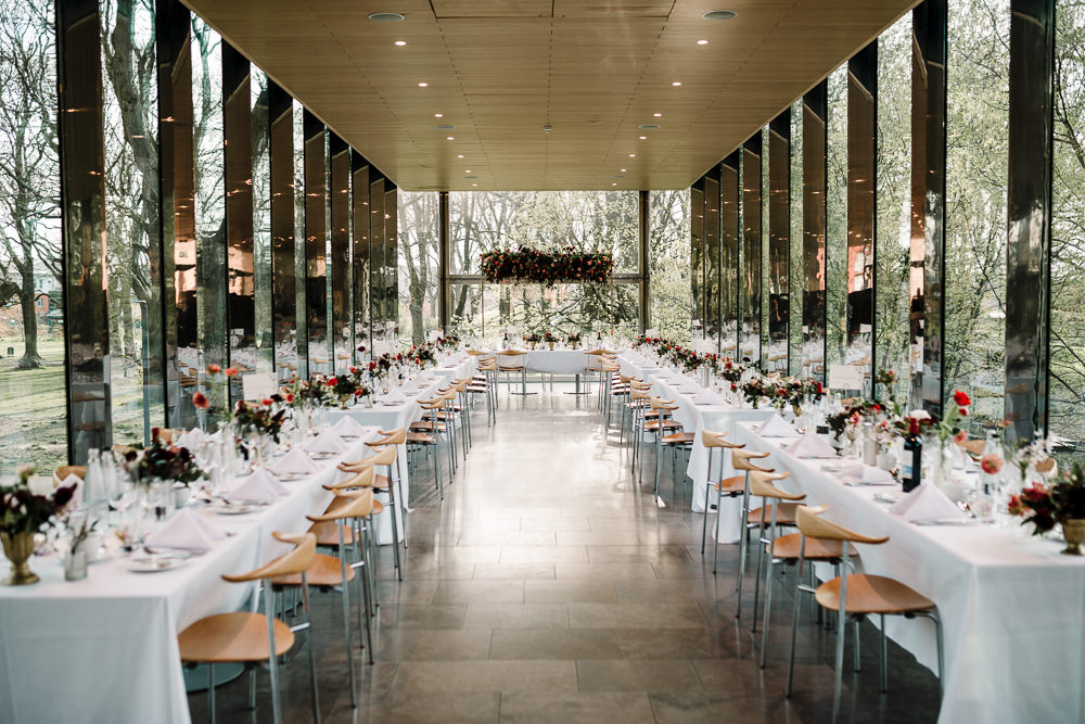 Whitworth Art Gallery Wedding Amy Faith Photography Modern Reception Glass Walls U Shape Table