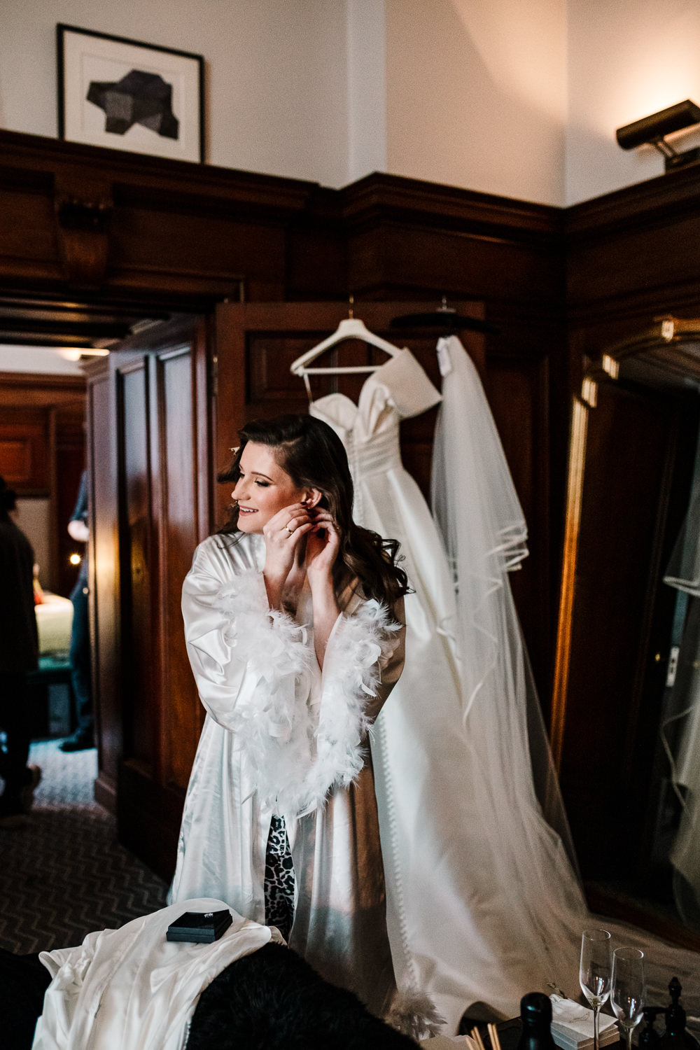 Whitworth Art Gallery Wedding Amy Faith Photography Feather Sleeve Robe Bride