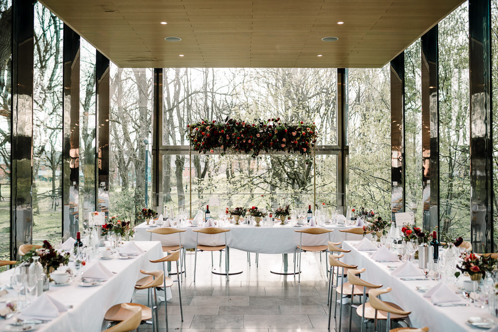 Whitworth Art Gallery Wedding Amy Faith Photography Modern Reception Glass Walls U Shape Table Top Table Flower Arch