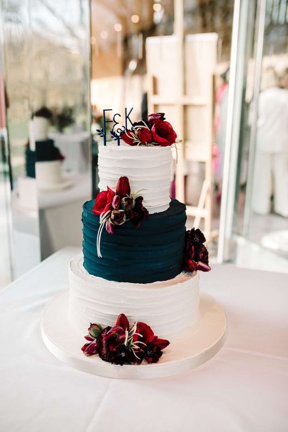 Whitworth Art Gallery Wedding Amy Faith Photography 2 Tier Cake Navy Red Flowers