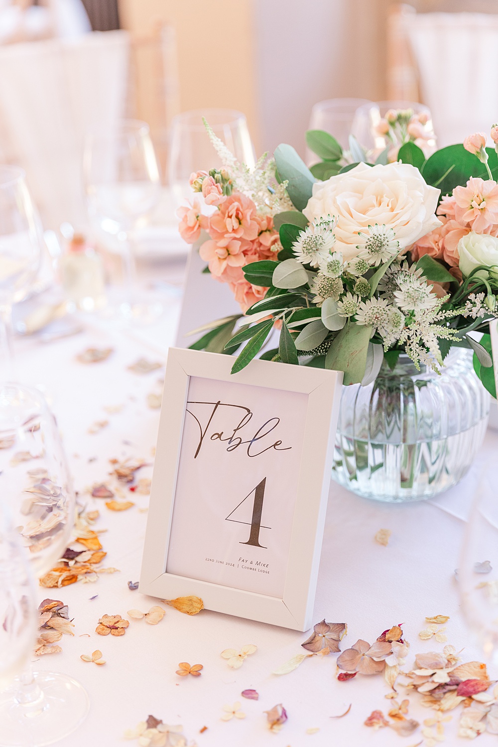 Classic Somerset Country Wedding James and Kerrie Photography Table Number Cream Peach Flowers Centrepiece