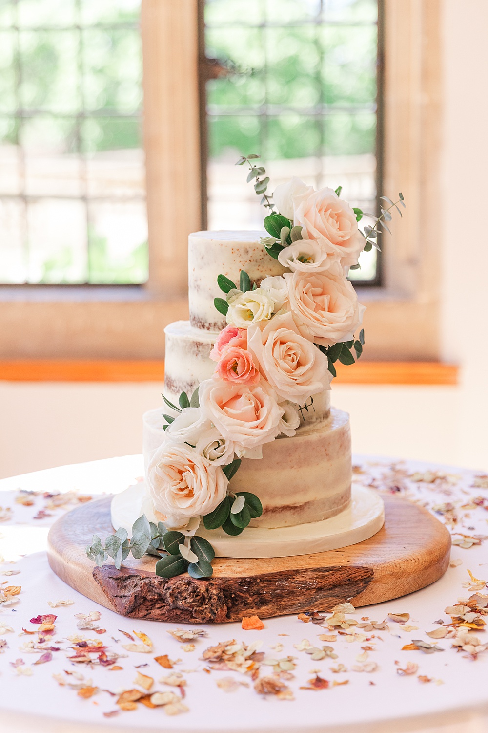 Classic Somerset Country Wedding James and Kerrie Photography Semi Naked Cake Rose Flowers Wood Stand
