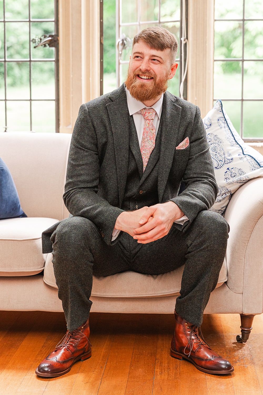 Classic Somerset Country Wedding James and Kerrie Photography Groom Grey Suit Pink Tie