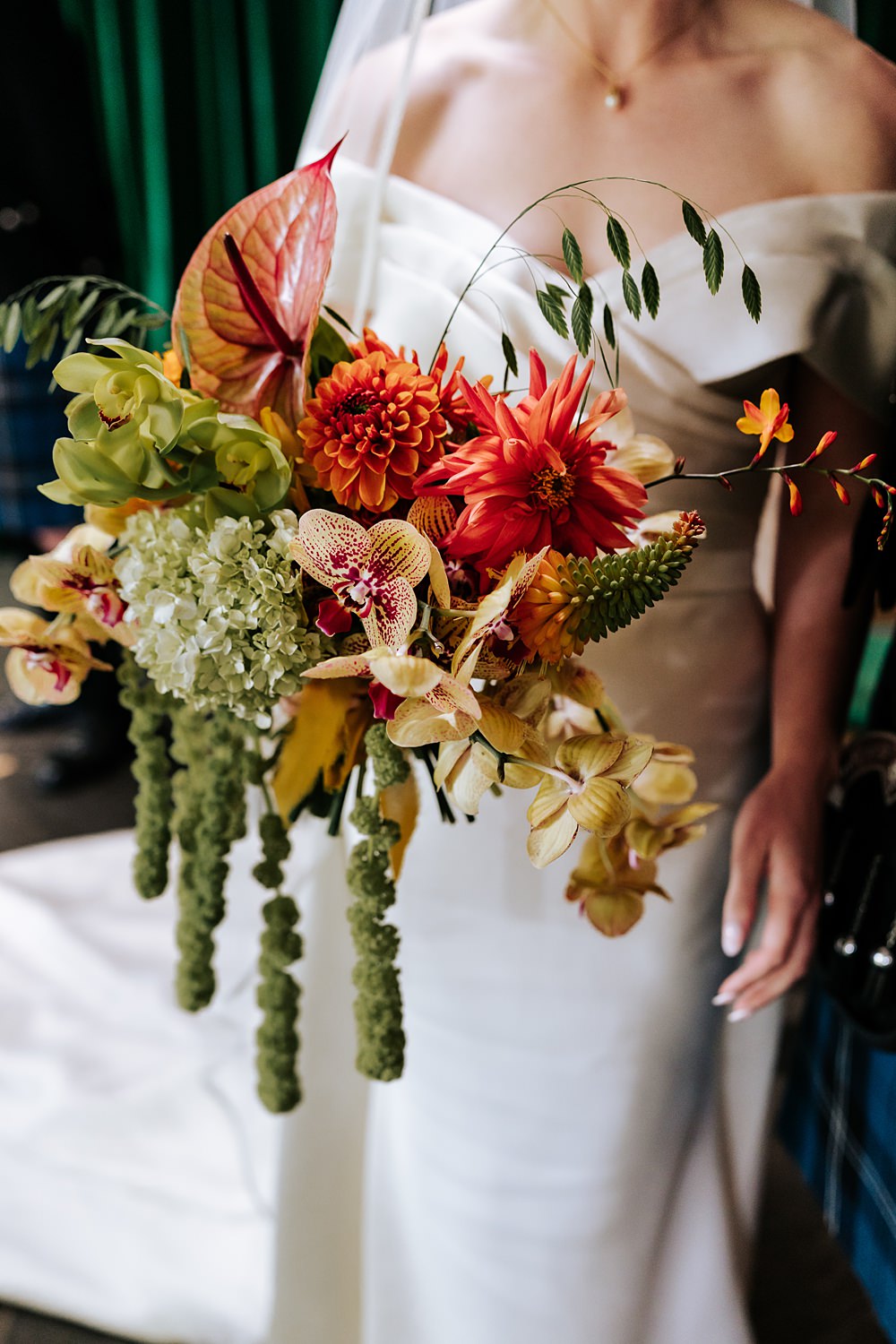 Dinner Party Wedding Lou Rob Photo Bride Bouquet Flowers Green Yellow Orange Dahlia