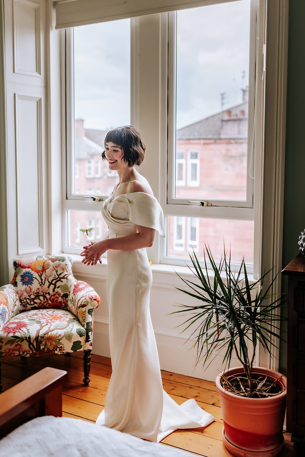 Dinner Party Wedding Lou Rob Photo Bardot Dress Gown Bride Train