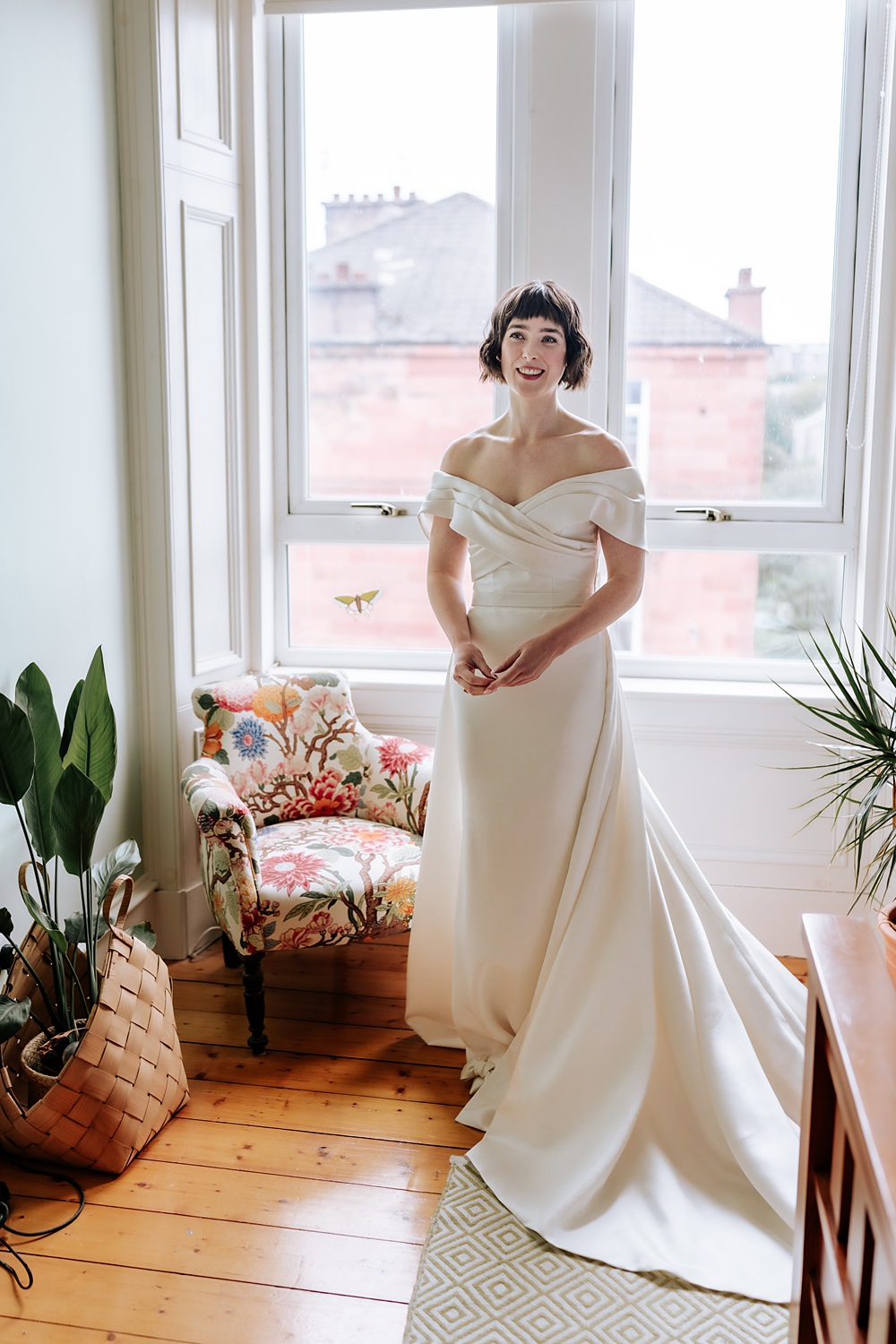 Dinner Party Wedding Lou Rob Photo Bardot Dress Gown Bride Train
