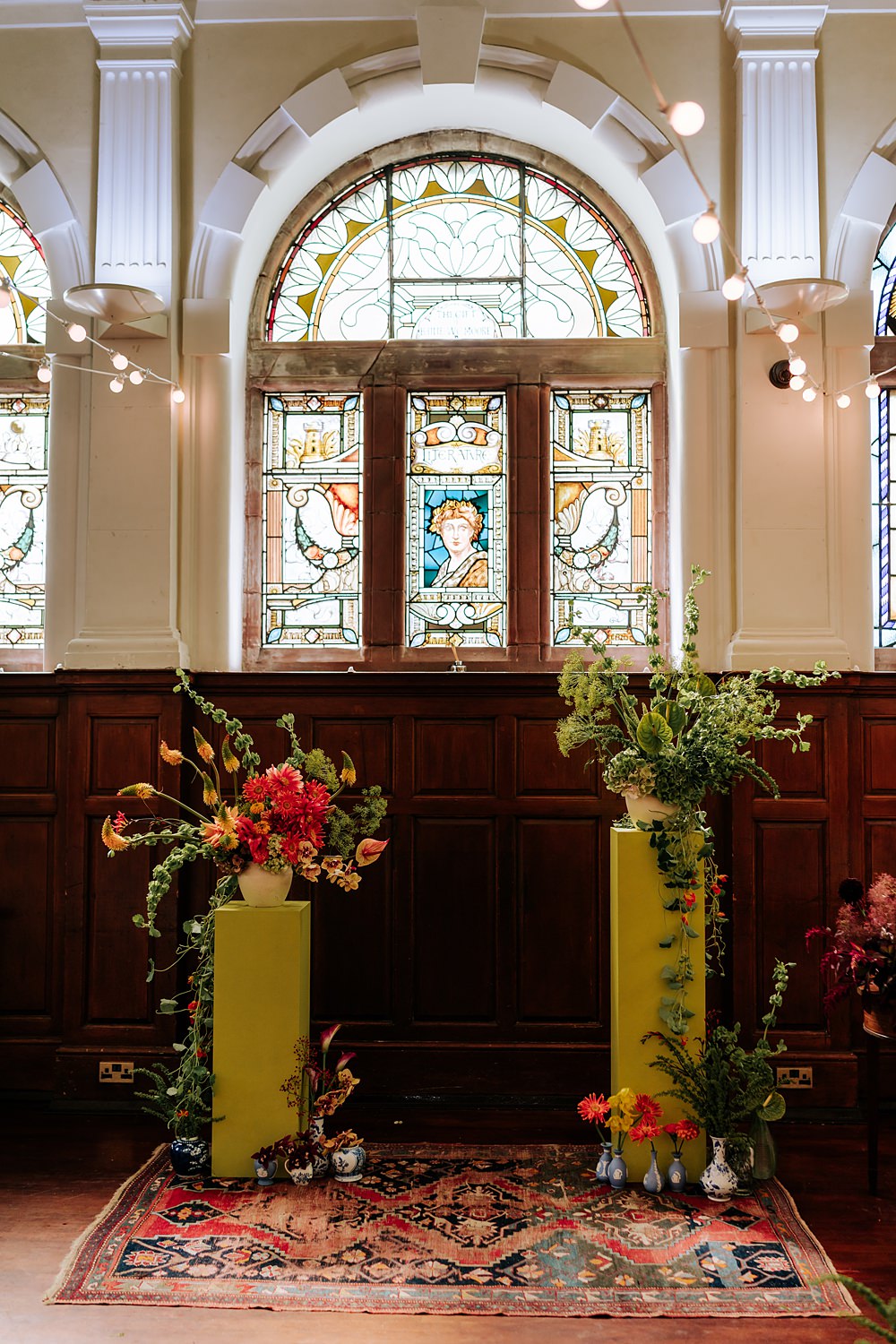 Dinner Party Wedding Lou Rob Photo Yellow Pillars Colourful Flowers Ceremony