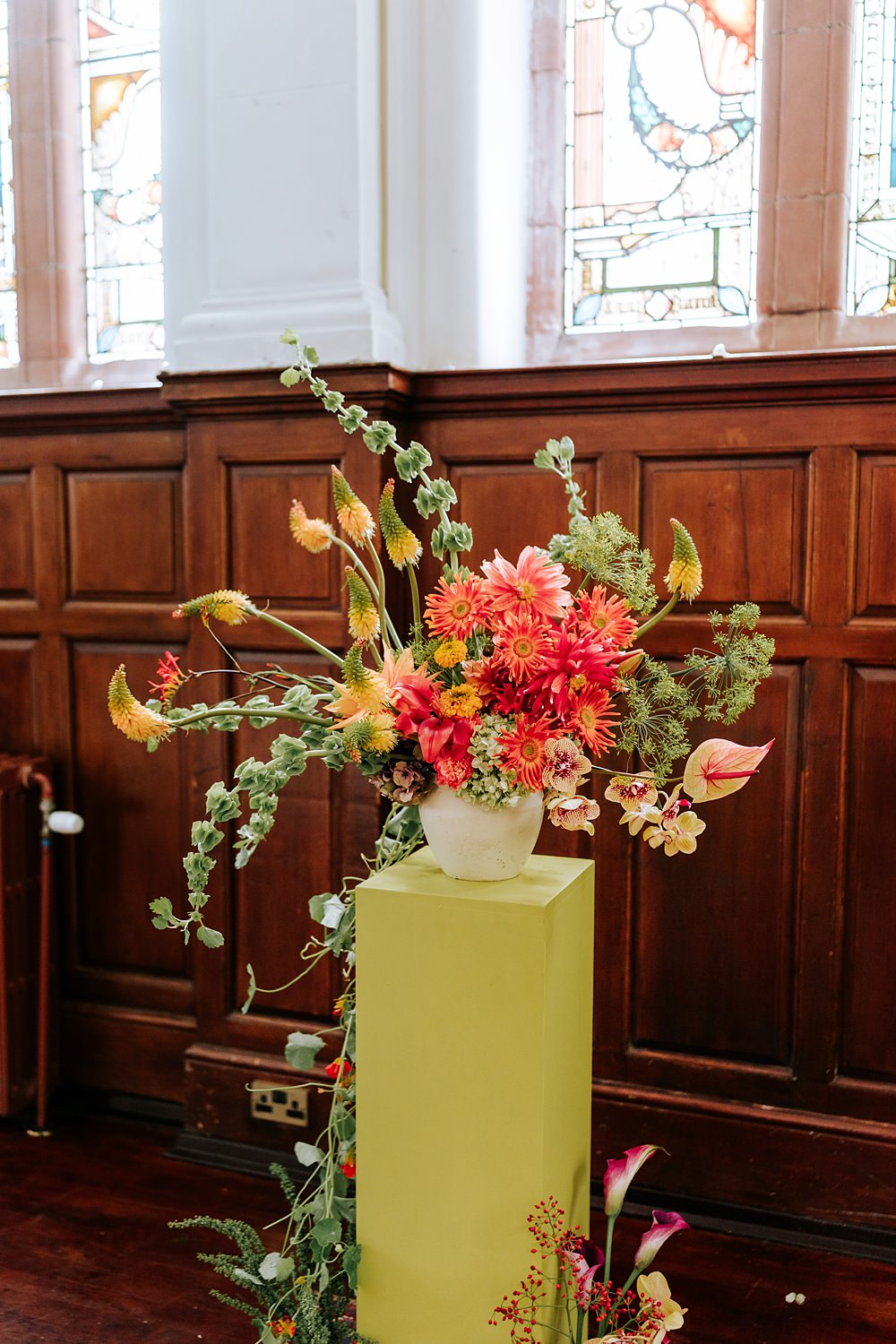 Dinner Party Wedding Lou Rob Photo Yellow Pillars Colourful Flowers Ceremony