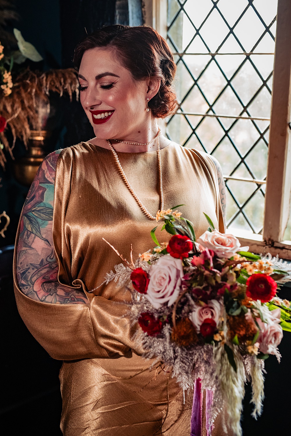 Vintage Winter Wonderland Wedding Ideas Natalia Case Photography Bride Gold Dress Red Pink Bouquet Flowers