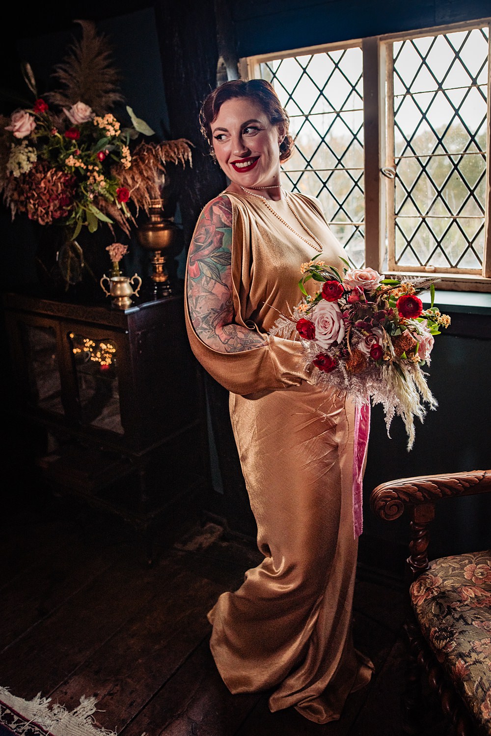 Vintage Winter Wonderland Wedding Ideas Natalia Case Photography Bride Gold Dress Red Pink Bouquet Flowers