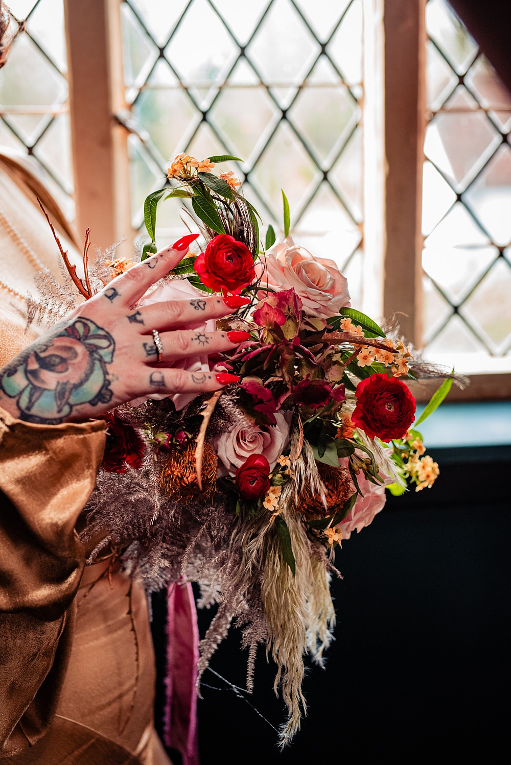 Vintage Winter Wonderland Wedding Ideas Natalia Case Photography Bride Gold Dress Red Pink Bouquet Flowers