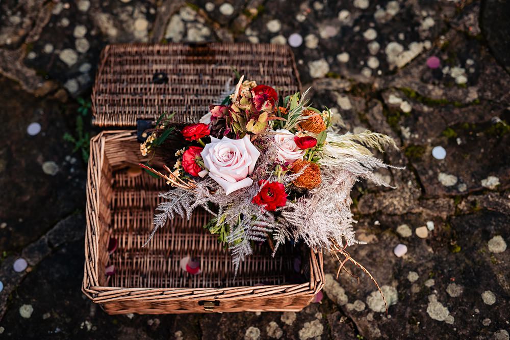 Vintage Winter Wonderland Wedding Ideas Natalia Case Photography Red Pink Bouquet Flowers