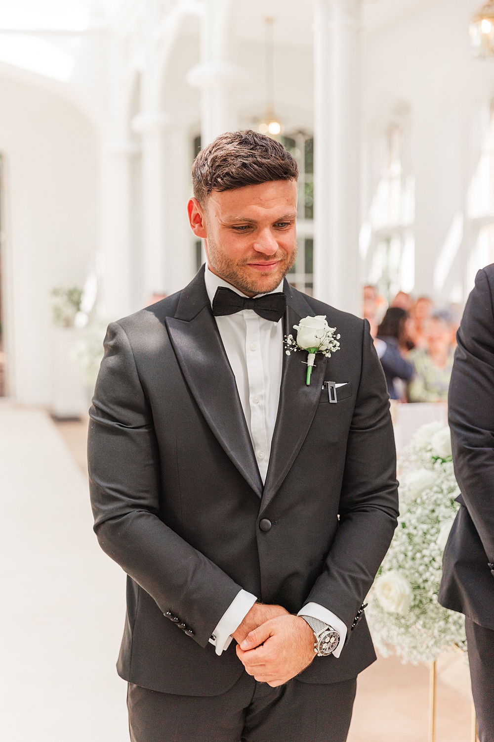 St Audries Park Wedding James and Kerrie Photography Groom Black Suit Bow Tie Tuxedo