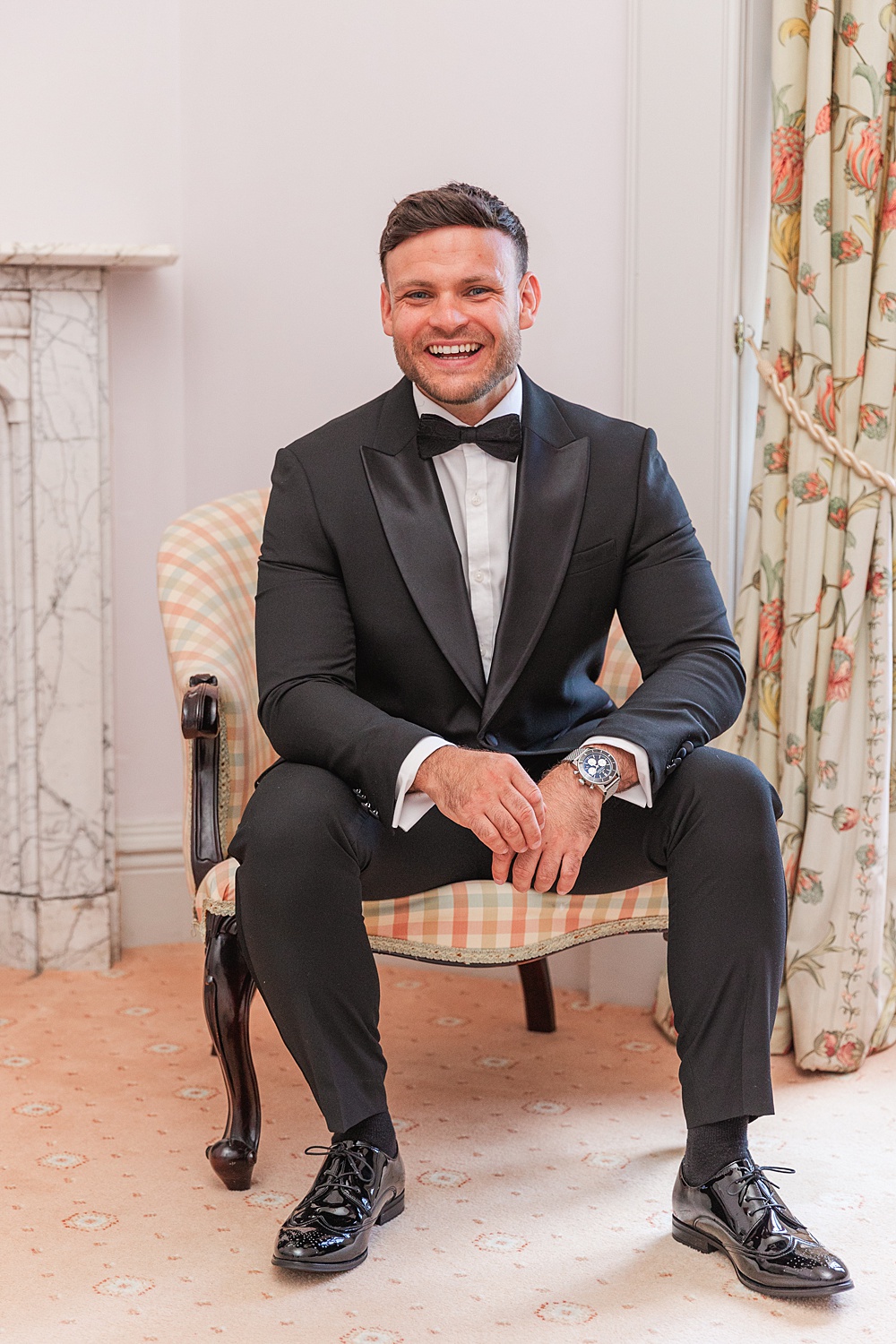 St Audries Park Wedding James and Kerrie Photography Groom Black Suit Bow Tie Tuxedo