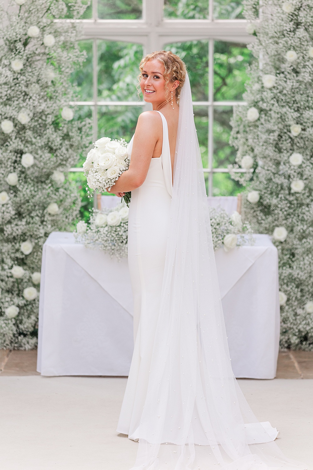 St Audries Park Wedding James and Kerrie Photography Bride Gown V Neck Pearl Veil White Rose Gypsophila Bouquet
