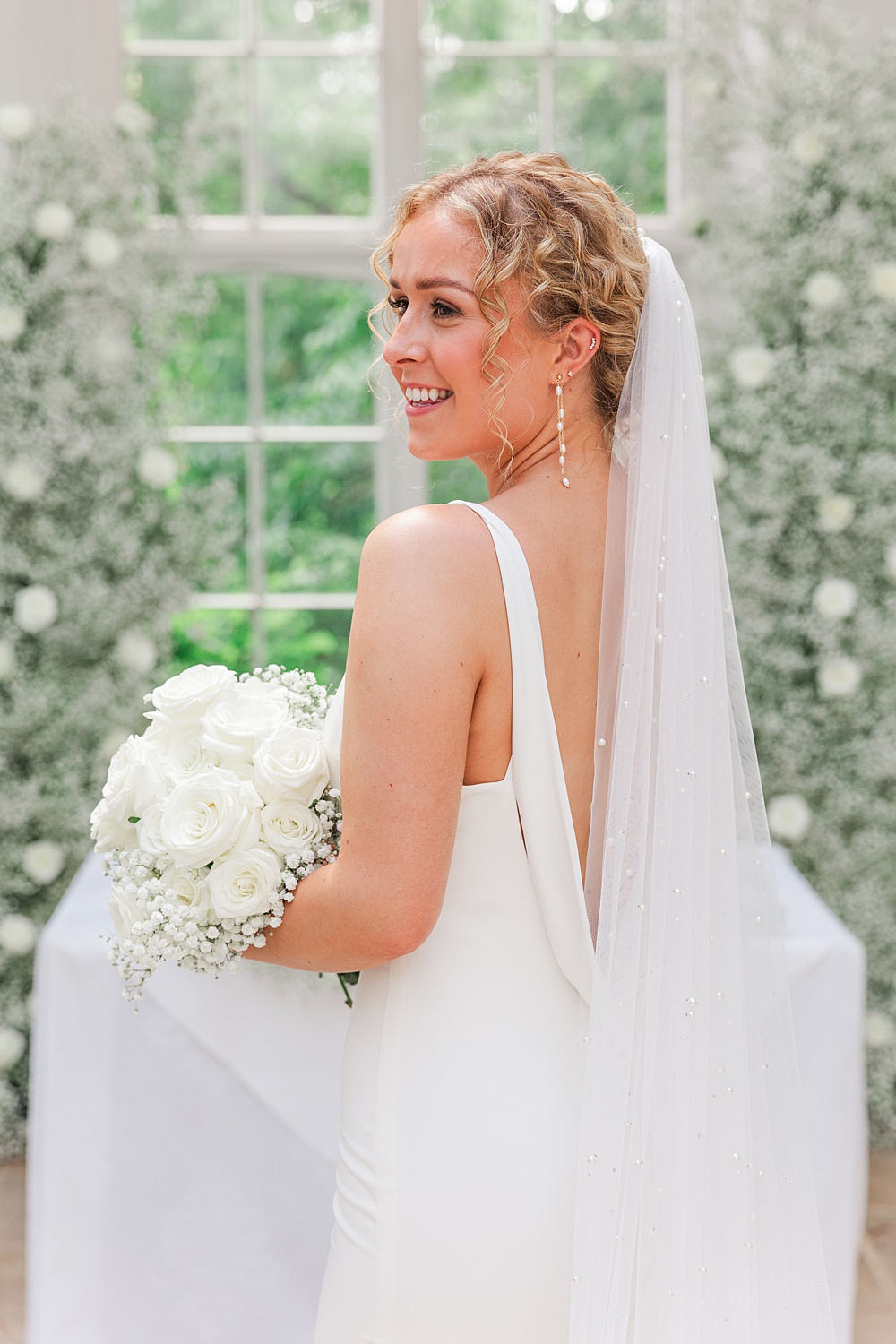 St Audries Park Wedding James and Kerrie Photography Bride Gown V Neck Pearl Veil White Rose Gypsophila Bouquet