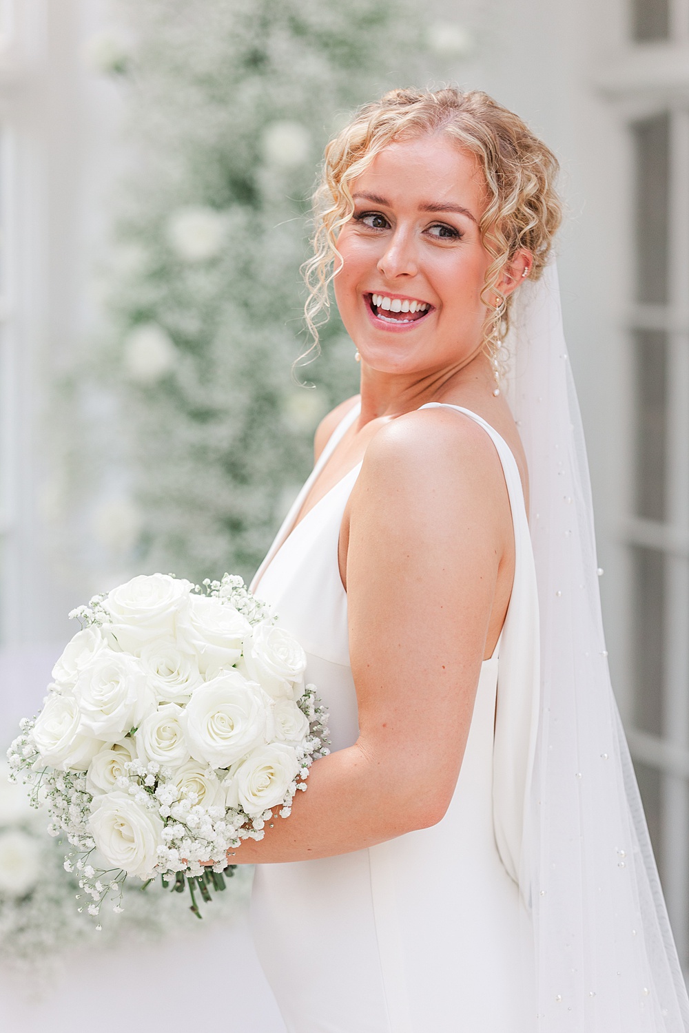 St Audries Park Wedding James and Kerrie Photography Bride Gown V Neck Pearl Veil White Rose Gypsophila Bouquet